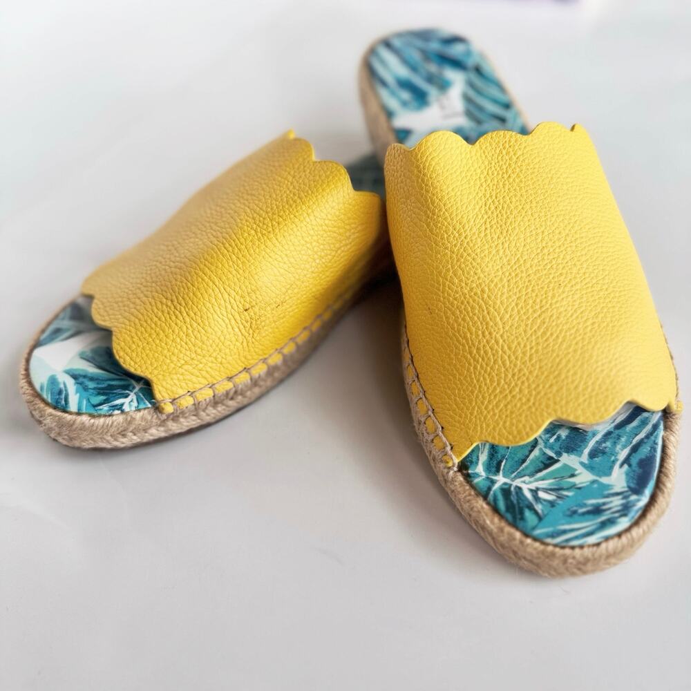 J. McLaughlin Aries Yellow Leather Slides Scalloped Sandals 9.5 Tropical